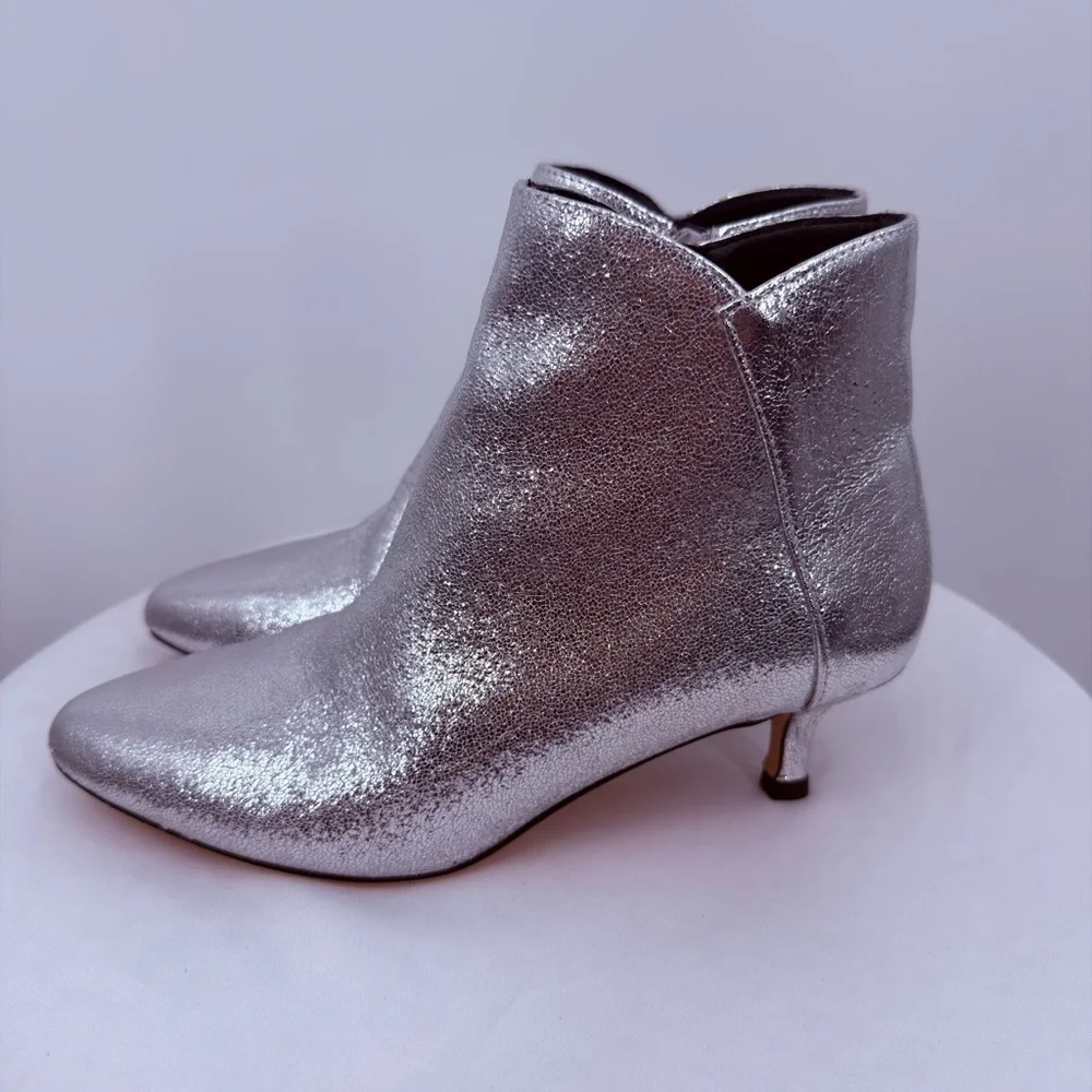 Silver Metallic Ankle Booties Kitten Heel Pointed Toe Size 6